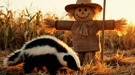Skunk walks near straw scarecrow in golden cornfield at sunset. Warm evening light illuminates farm crop field. Animal wildlife and fall harvest scene.