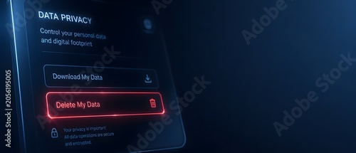 Digital data privacy interface on screen with delete and download data buttons and copy space