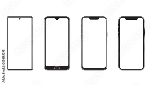 Minimalist smartphone mockup set with 4 blank screen templates, black mobile phone wireframe icons, modern cellphone vector outlines for app UI design