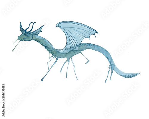 illustration of an abstract fantasy blue flying dragon, print for kids