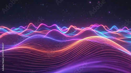 A digital landscape features glowing neon waves moving across a dark background
