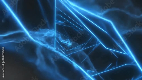 Abstract geometric background with glowing blue neon light lines on dark surfaces