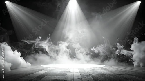 Bright spotlights shine down on a dark wooden stage floor with thick swirling smoke