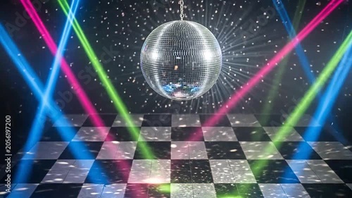 A shiny disco ball hangs above a checkered dance floor with colorful light beams