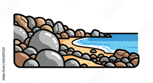 Cartoon rocks on sandy beach shore.