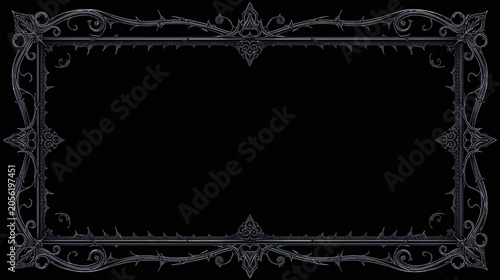 AI Generative. Dark gothic frame with metallic thorny vine ornaments on black background. 1