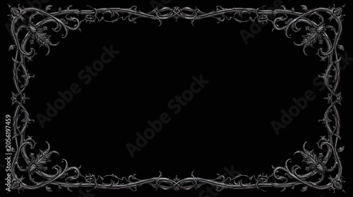 AI Generative. Dark gothic frame with metallic thorny vine ornaments on black background. 2