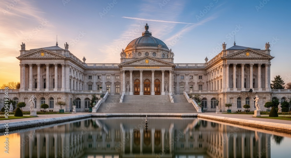 Fototapeta premium Grand architecture building with classical design reflected in tranquil water