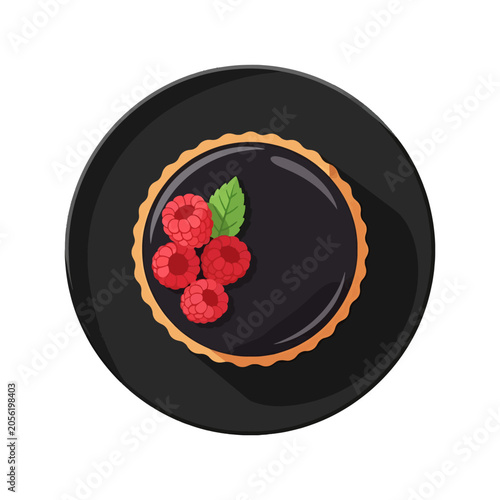 A delicious chocolate tart topped with fresh red berries on a plate