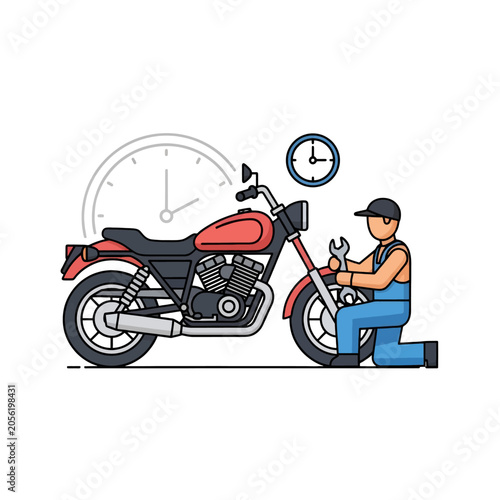 A professional mechanic repairs a red motorcycle in a workshop setting
