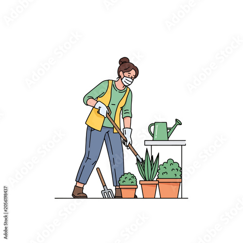 A woman wearing a protective mask works in her home garden with potted plants