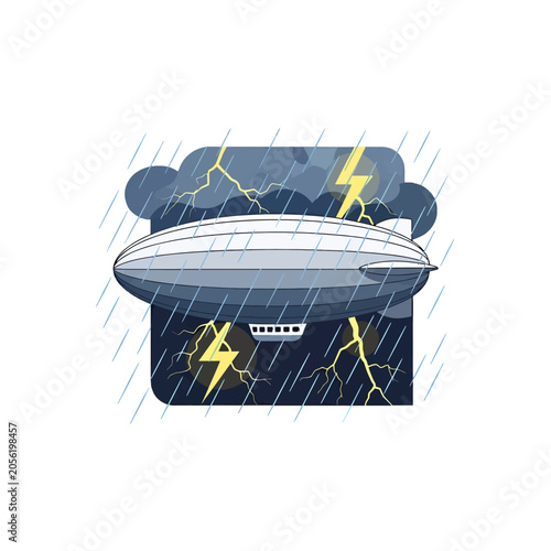 A large airship flying through a heavy rainstorm with bright lightning strikes