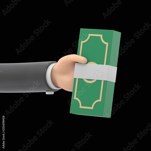 3D cartoon hand holds dollar bills.Concept of financial operation.Payment and Cash back.Money investment and business commerce.3D rendering on black Screen for footage and clipping path.