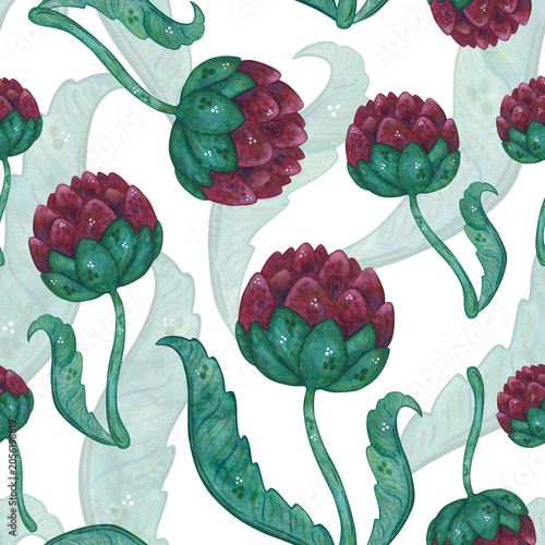 Seamless pattern of artichoke flowers and leaves, hand-drawn watercolor illustration, cartoon. Design for stickers, cards, scrapbooking. Plant, green, pink, flower, nature