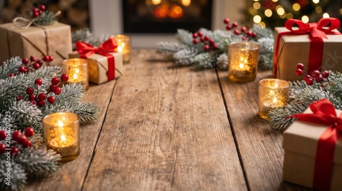 Christmas decorations with gifts and candles on rustic wooden table  