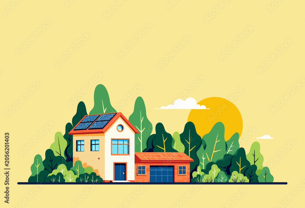 Naklejka premium Modern house with solar panels and trees.