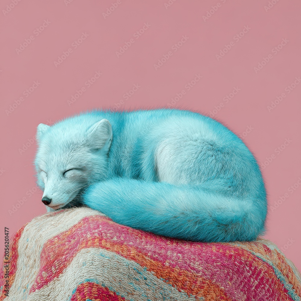 Fototapeta premium Sleeping Light Blue Fox Resting on Colorful Blanket