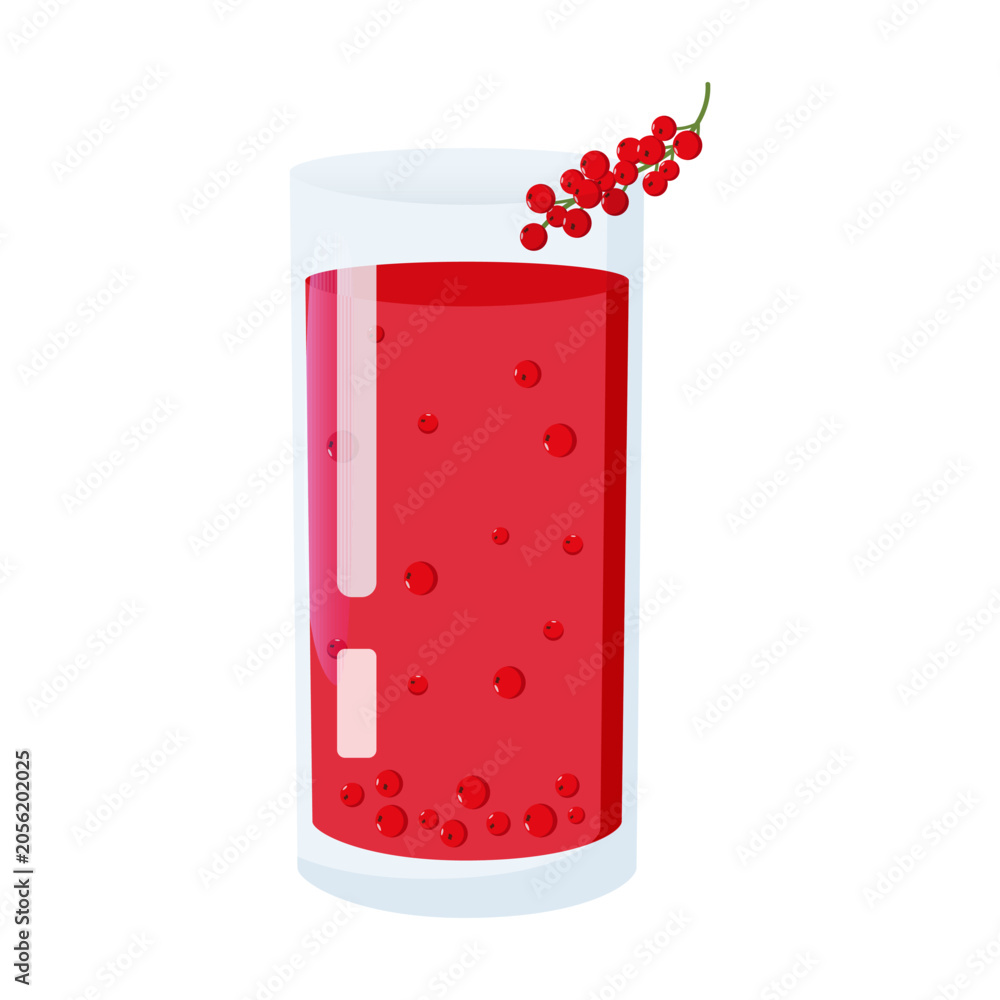 Obraz premium Tall transparent glass of red berry juice with bubbles, garnished with a cluster of currants on the rim, vibrant refreshing beverage illustration on white background