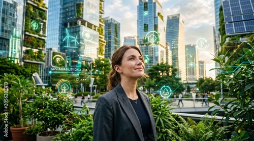 Young business woman using tablet in futuristic smart city garden with holographic interface around skyscrapers showing businesswoman female professional technology finance innovation data innovation