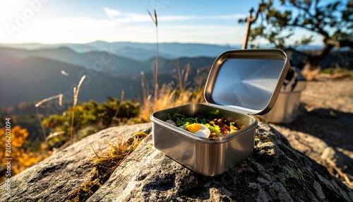 Open lunchbox with salad and egg on rocky mountain summit at sunset