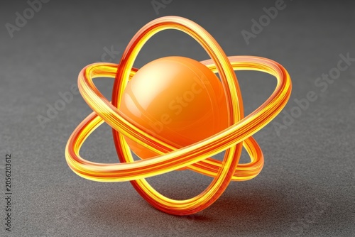 Abstract Glowing Golden Atom Model With Orbiting Rings On A Textured Dark Grey Background