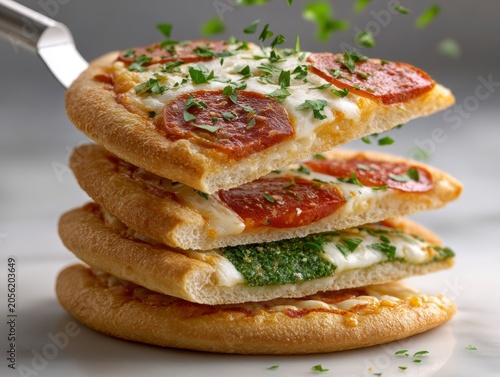 Stack Of Gourmet Pizza Slices With Pepperoni And Pesto Garnished With Fresh Herbs On A Spatula