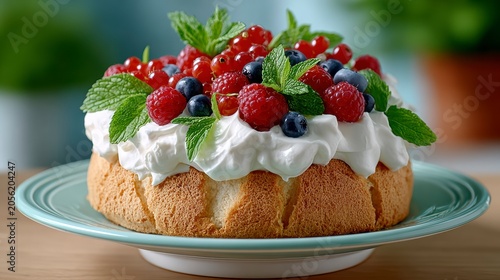 Fresh Sponge Cake Topped With Cream And Assorted Berries On A Blue Plate