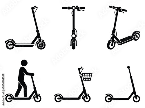 Electric Kick Scooter Black Silhouette Icon Set Collection with Rider Person and Various Views on White Background for Urban Transport and Eco Mobility Design