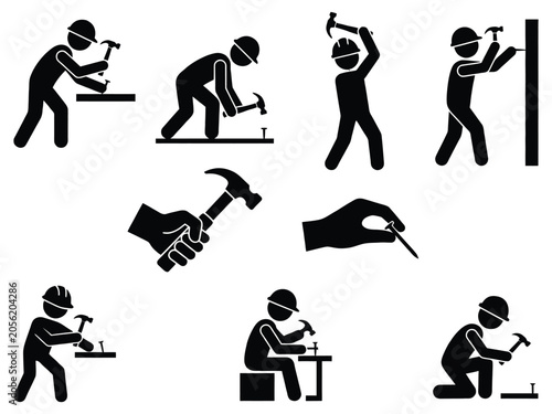 Construction Worker Silhouette Icon Set Collection of Black Pictogram People Working with Hammer Tools in Various Labor Poses on White Background