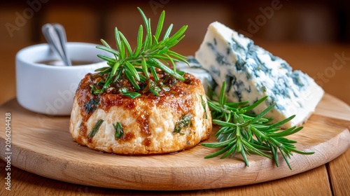 Gourmet Cheese Board With Blue Cheese And Glazed Savory Round Cheese Topped With Fresh Rosemary