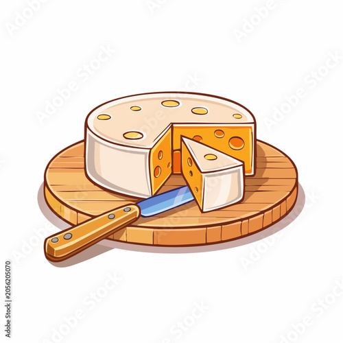 Cartoon illustration of a round cheese with a slice cut out and a knife