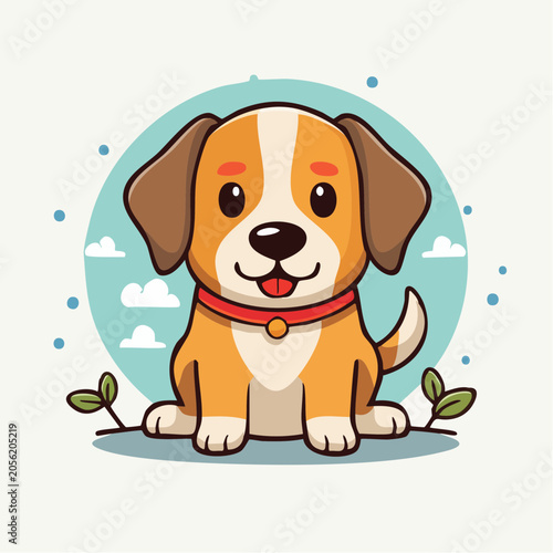 Cute cartoon dog sitting outdoors with a red collar