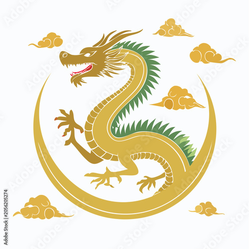 Golden Chinese Dragon Illustration with Clouds