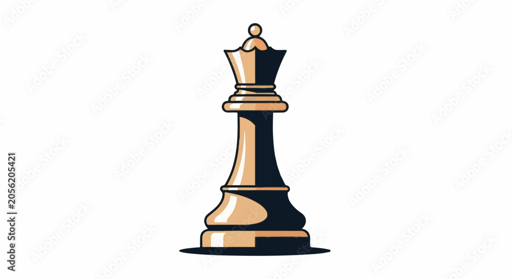 Fototapeta premium Stylized chess queen piece, rendered in metallic gold and dark navy tones, set against a plain white background