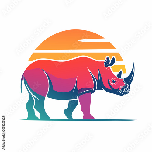 Stylized Rhinoceros Silhouette with Sunset Background