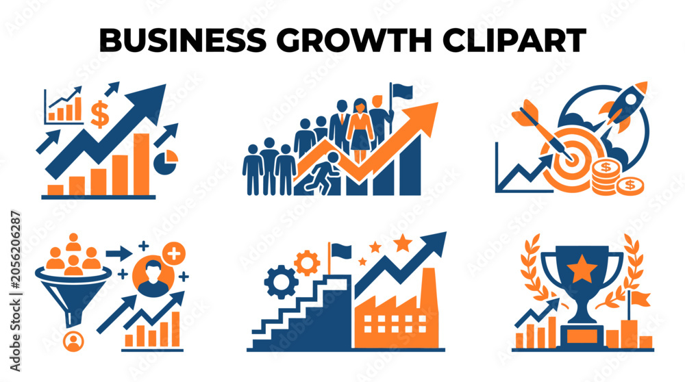 Fototapeta premium Business Growth Clipart Set - Charts Teamwork Target Funnel Trophy Vector