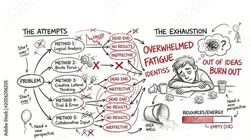 Mental burnout and exhaustion concept sketch, hand drawn flowchart of failed problem solving attempts, overwhelmed office worker at desk