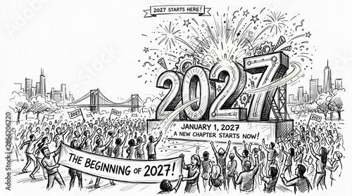 New Year 2027 celebration sketch, hand-drawn crowd at 2027 countdown event, festive city skyline with fireworks and banner for January 1st