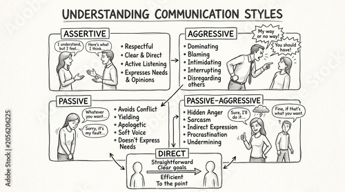 Understanding communication styles infographic, hand-drawn assertive and aggressive behavior chart, psychology education diagram for business training