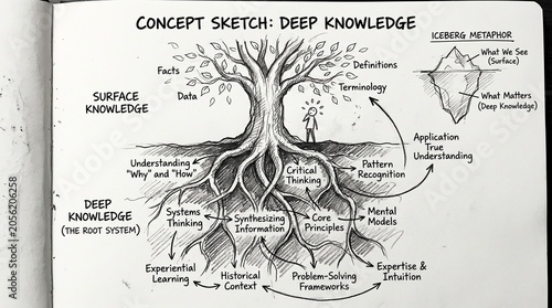 Deep knowledge concept sketch, hand-drawn educational tree diagram with root system, iceberg metaphor for surface and deep learning