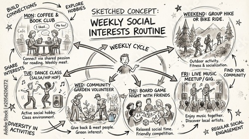 Hand-drawn sketched concept of a weekly social interests routine, infographic of community engagement activities, lifestyle cycle diagram