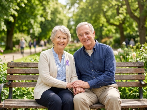 Senior couple sitting on a park bench.