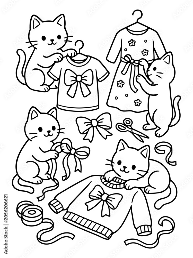Fototapeta premium Cute Kittens and Ribbons: A whimsical collection of adorable kittens playfully interacting with ribbons, bows, a dress, and a sweater, perfect for a children's craft or clothing theme.