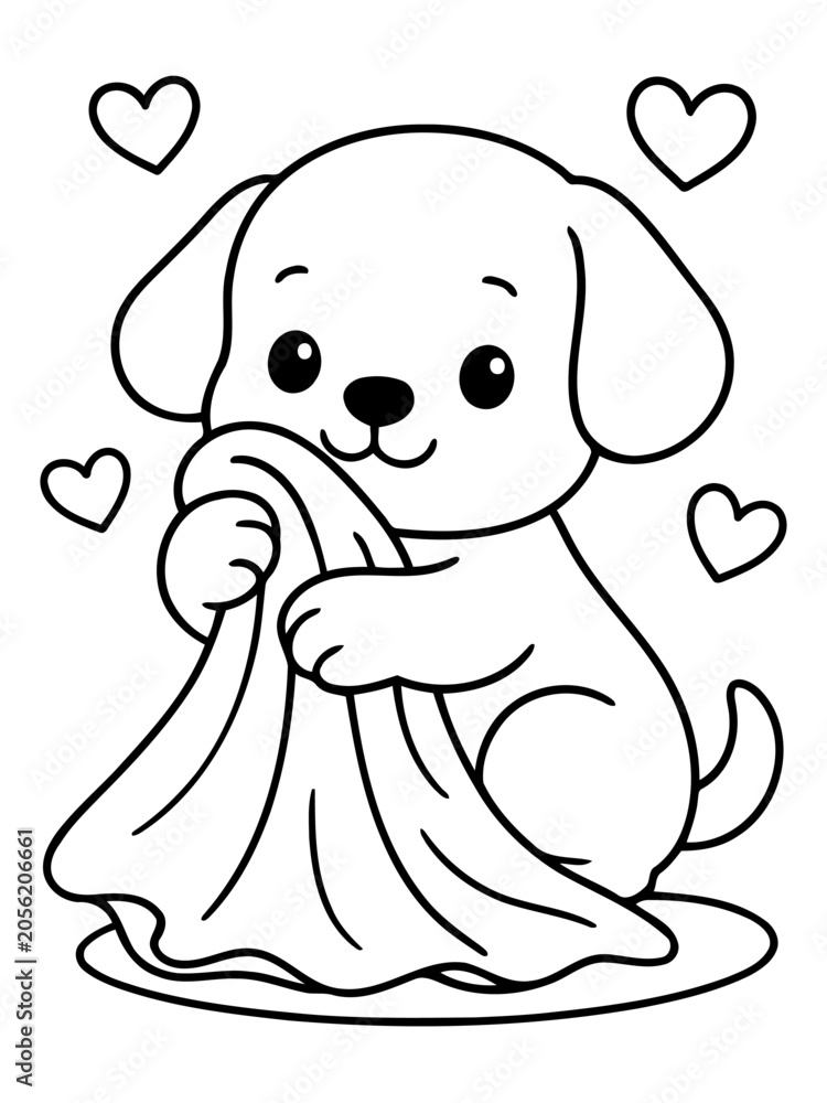 Obraz premium Cute Puppy Cuddling Blanket: A charming, cartoon-style puppy with big, innocent eyes is tenderly embracing a soft blanket, surrounded by little hearts, perfect for coloring or a whimsical touch.