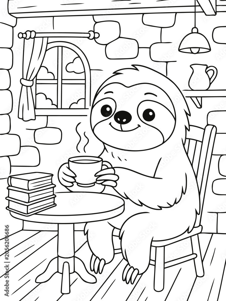 Fototapeta premium Cozy Cafe Sloth: A charming cartoon sloth sits at a cafe table, enjoying a steaming cup of coffee next to a stack of books, in a relaxed and inviting setting.