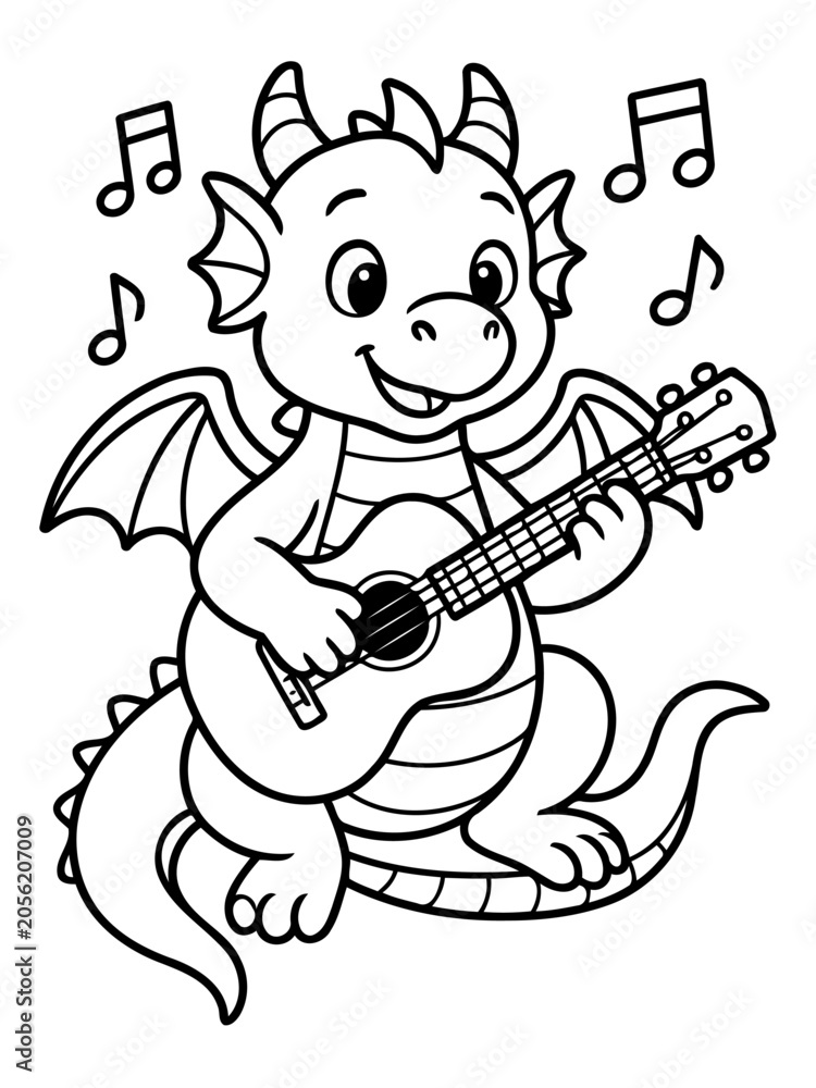 Fototapeta premium Cute Dragon Playing Guitar: A happy cartoon dragon is playing a guitar and singing with musical notes surrounding it. This illustration is perfect for kids and for projects related to music.