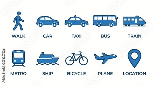 Blue transportation icons set featuring walk, car, taxi, bus, train, metro, ship, bicycle, plane, and location markers for UI design and travel applications