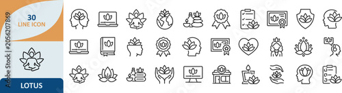 Tableau sur toile Set of lotus and zen yoga line icons with meditation wellness mindfulness spirit