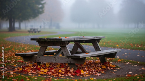 Old weathered wooden picnic table surrounded by fallen autumn leaves on a foggy park pathway