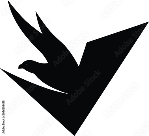 Minimalist black eagle silhouette flying inside check mark shape icon isolated on white background